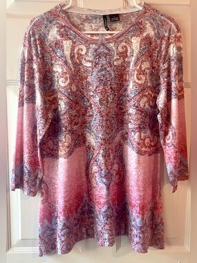 ND New Directions Pink Blue Boho Gold Metallic Stud Gems Burnout Knit Top Large